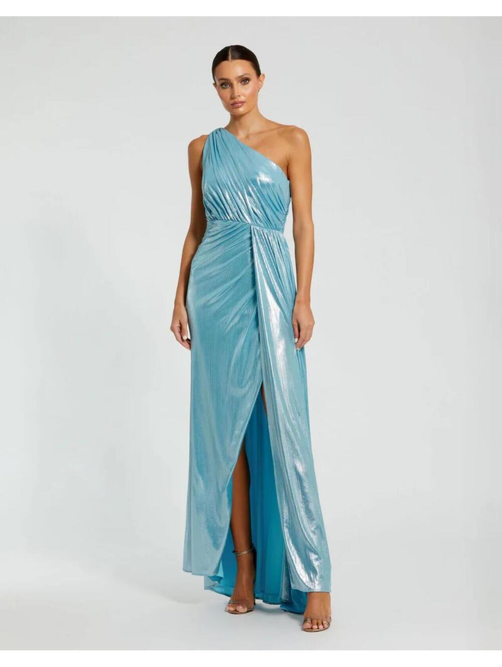 NWT Mac Duggal 26537 Metallic One Shoulder Gown Blue Size 4